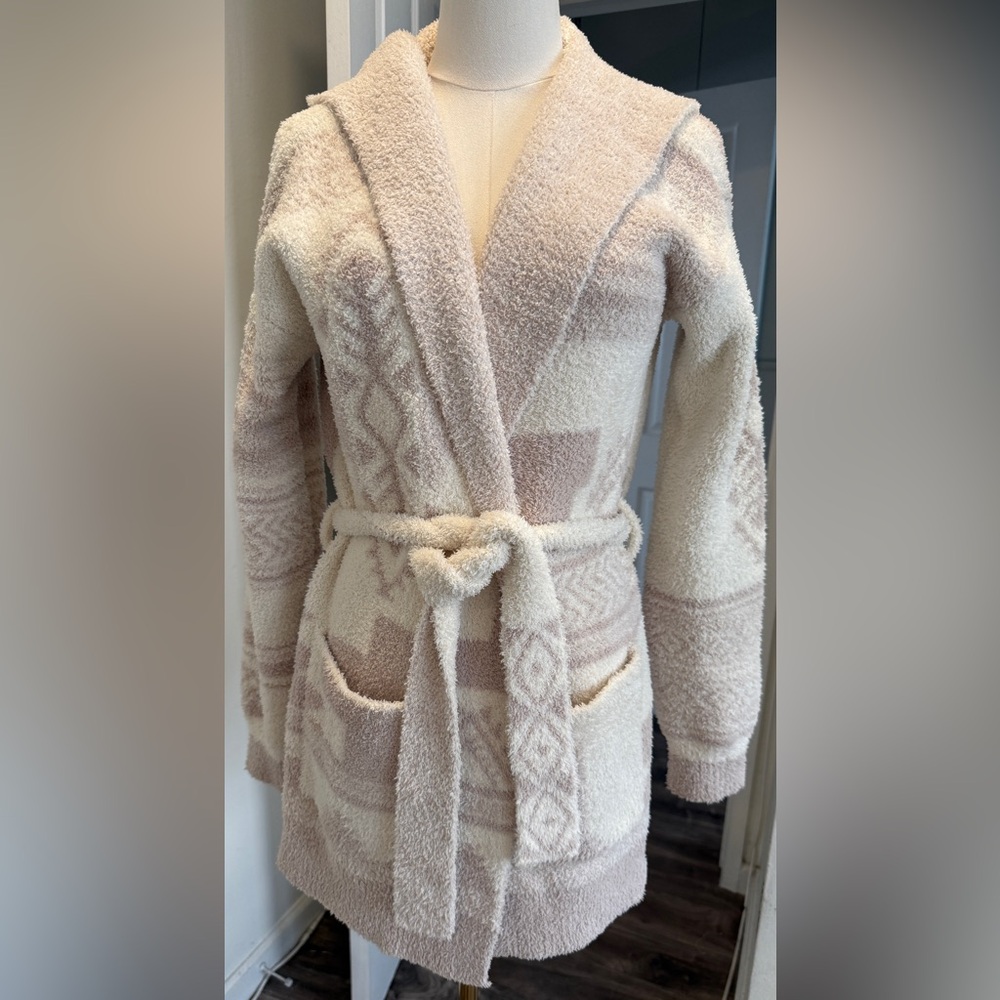 Barefoot Dreams CozyChic Hooded Belted Cardigan – XS – Taupe/Ivory Aztec Pattern
